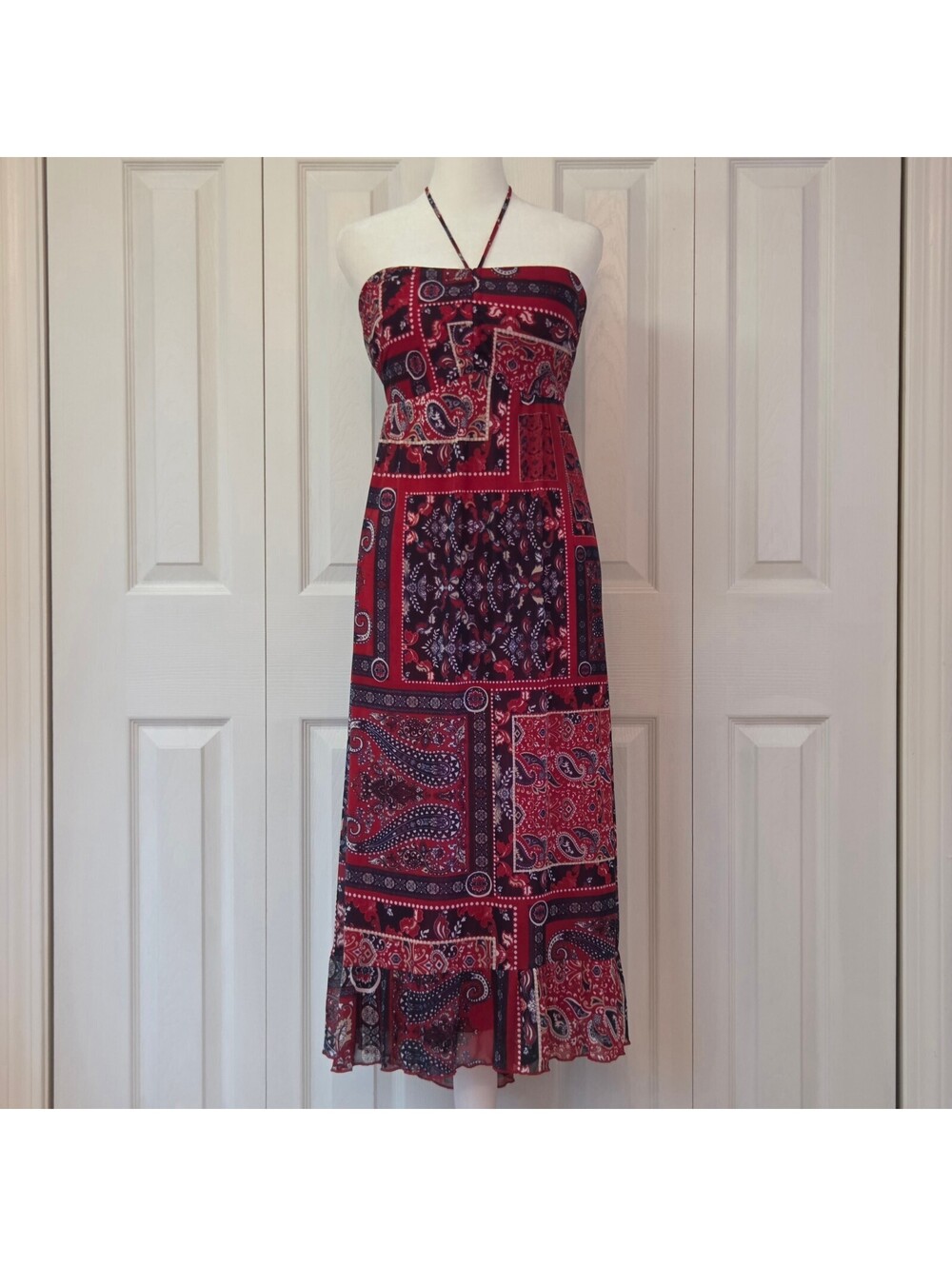 Red and Purple Paisley Patchwork Halter Dress Size L Y2K Boho Whimsigoth Beach